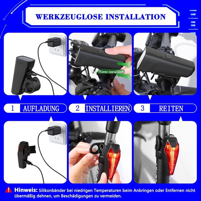 Набір переднього та заднього велоліхтаря USB-C, сертифікований StVZO, водонепроникний IPX5, 60 LUX