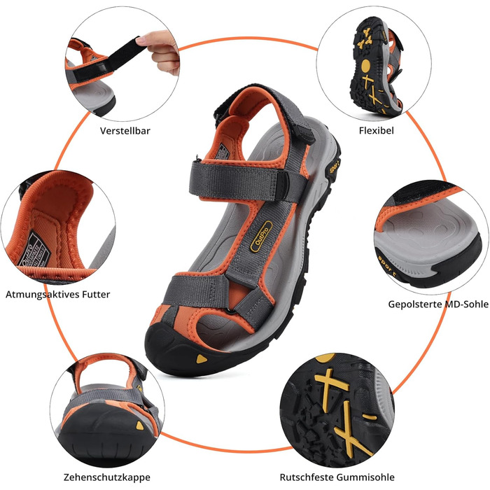 Чоловічі сандалі для пляжу, гір та трекінгу з текстильними ремінцями, водонепроникні, темно-сірі з помаранчевим, 47 EU