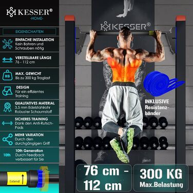 KESSER Турнік для дверей, розсувний, без свердління, 76-112 см, навантаження до 300 кг, нековзні ручки, з еспандерами