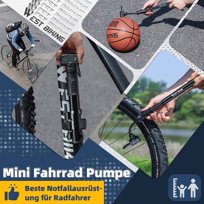 West Biking Mini насос для велосипеда - алюмінієвий насос для велосипеда, підходить для всіх типів вентилів, портативний, компактний, швидке накачування шин, легкий міні-насос для велосипеда, MTB, шосе, м'ячів, чорний