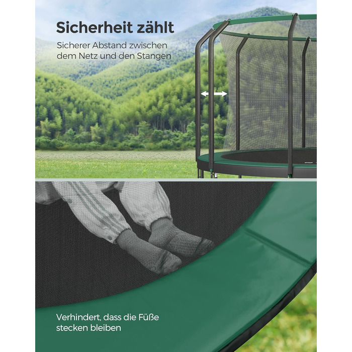 Трамплін SONGMICS для саду, Ø 244/305/366/427 см, круглий, з сіткою безпеки та сходами, захисною обшивкою, м'яким каркасом (427 см, Чорний + Темно-зелений)