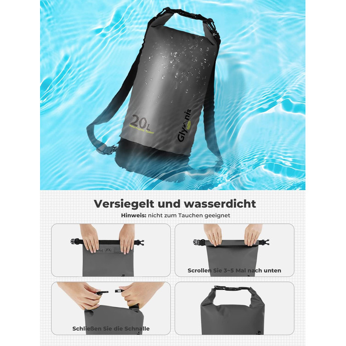 Водонепроникний мішок Glymnis 20L: міцний рюкзак для водного спорту, пляжу, подорожей та кемпінгу (чорний)