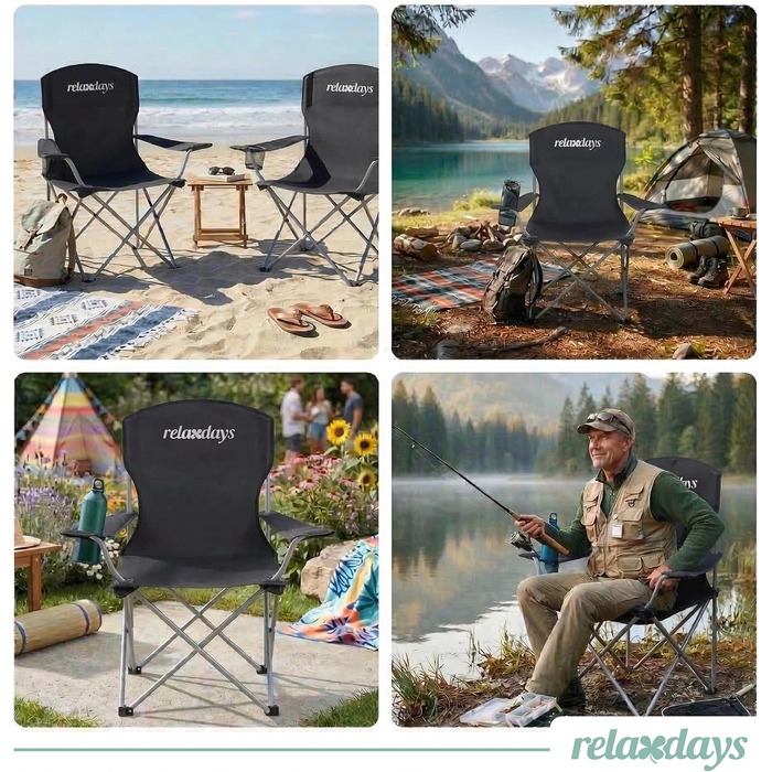 Набір складаних кемпінгових стільців Relaxdays (2 шт.) з підскруткою, підстаканником та сумкою для перенесення, чорні, витримують до 150 кг