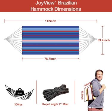 Гамак JoyView бразильський одинарний портативний з мотузками та сумкою, 200x100 см, до 136 кг, блакитні смуги - для тераси, дому