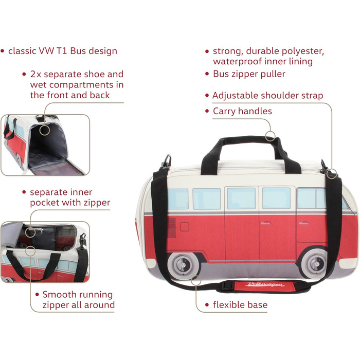 Сумка через плече BRISA VW у вигляді ретро-автобуса Volkswagen T1 Bulli, спортивна, червоно-бежева, 50x25x26 см