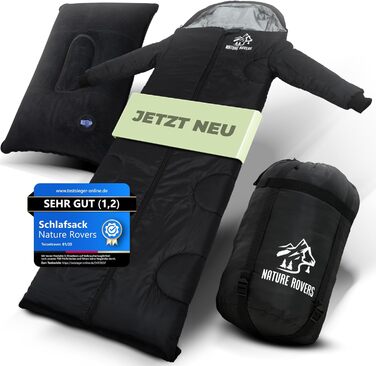 Спальний мішок з рукавами Nature Rovers – дорослий, для кемпінгу та відпочинку на природі (3 сезони), водонепроникний, з отворами для ніг, включає подушку, чорний