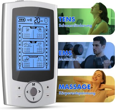 EMS масажер TENS: електрична стимуляція м'язів з 36 програмами, 10 електродів для ніг, спини, плечей
