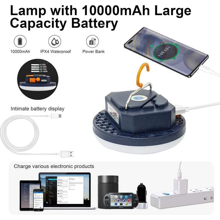 Ліхтар кемпінговий акумуляторний, 10000 мАг, 3000 лм, для намету, 6500K, портативний, для риболовлі, освітлення для надзвичайних ситуацій, тепле світло