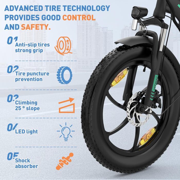 Електровелосипед HITWAY 20 дюймів Fat Tire, складаний, 250W, 36V, 12Ah, запас ходу 35–90 км