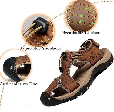 Чоловічі сандалі Asifn для хайкінгу та водних видів спорту, шкіра, закритий носок, коричневі (39/40 EU)