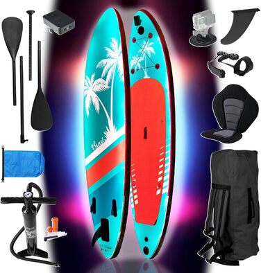 SUP Board BRAST з LED-підсвіткою | Надувний комплект для станд-ап паддлінгу | 320x81x15 см | 4 дизайни | LED-підсвічування (10 кольорів) | 5 років гарантії | 2-в-1: весло + сидіння для каяка | Тримач для Action-Cam, петля для ніг | Гавайський стиль