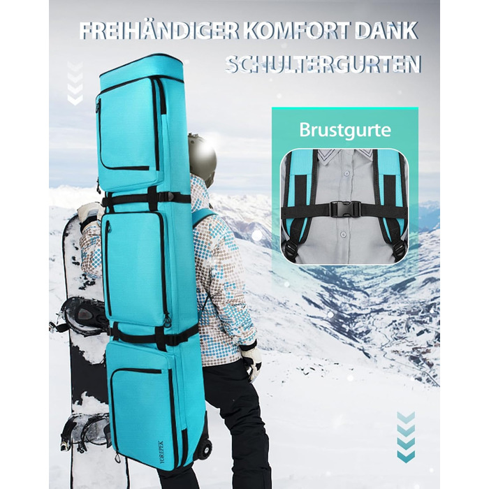 Чохол для сноуборду YOREPEK з колесами, водонепроникний, з 6 кишенями для сноуборду та лиж, розширюваний, 170 см, для подорожей літаком (Світло-блакитний)