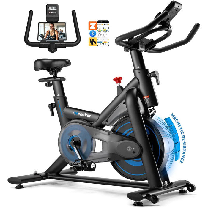 Велотренажер Wenoker з додатком, тихий ергометр, фітнес-велосипед для кардіотренувань вдома, до 160 кг, чорно-синій