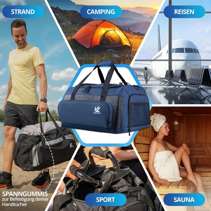 Спортивна сумка V® з відділенням для взуття, мокрою білизною та ізольованим холодильним відсіком. Сумка для сауни, подорожей, спортзалу, фітнесу, плавання. Чорно-сірий (XL, Синьо-карбоновий)