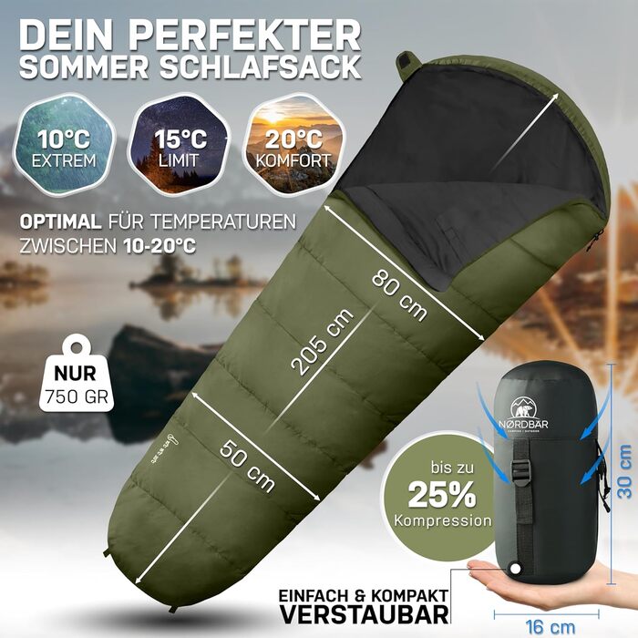 Сплячий мішок NORDBÄR® 3 сезони / літо, ультралегкий [750г/1500г] | Спальний мішок-кокон | компактний | для кемпінгу, подорожей, гірських хат | літній, оливковий - 750г