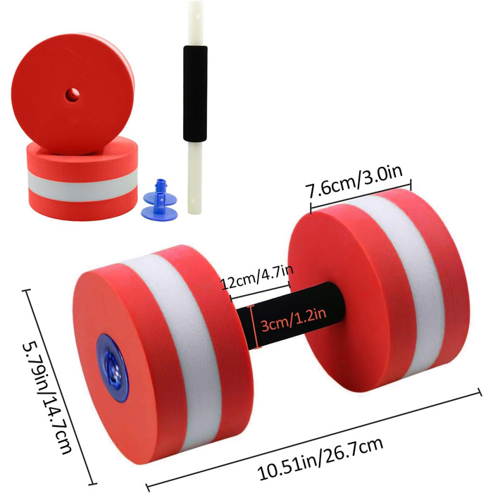 Набір з 2 аква-гантелів для занять у воді, знімний пінопласт, з ручками, для чоловіків та жінок, фітнес у воді (Рожево-червоний)