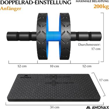 Ролер для пресу Amonax, тренажер для живота, колісо для пресу з нековзним покриттям, з м'яким килимком для колін, для чоловіків та жінок, тренування пресу (Блакитний)