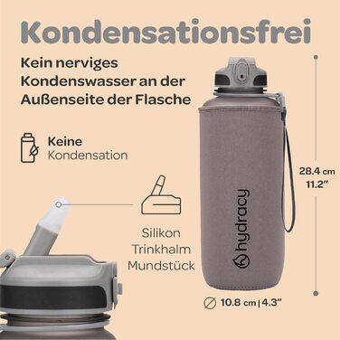 Водна пляшка Hydracy 2L зі трубочкою та таймером - BPA-free, спортивна, противитікання, без конденсату, сірий колір