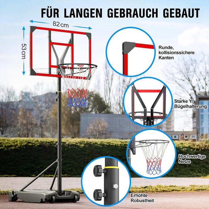 Баскетбольний кошик Outdoor з підставкою, регульована висота 147-260 см, ударостійка задня стінка 82x53 см, збільшений діаметр та колеса, для гри в приміщенні та на вулиці, червоний
