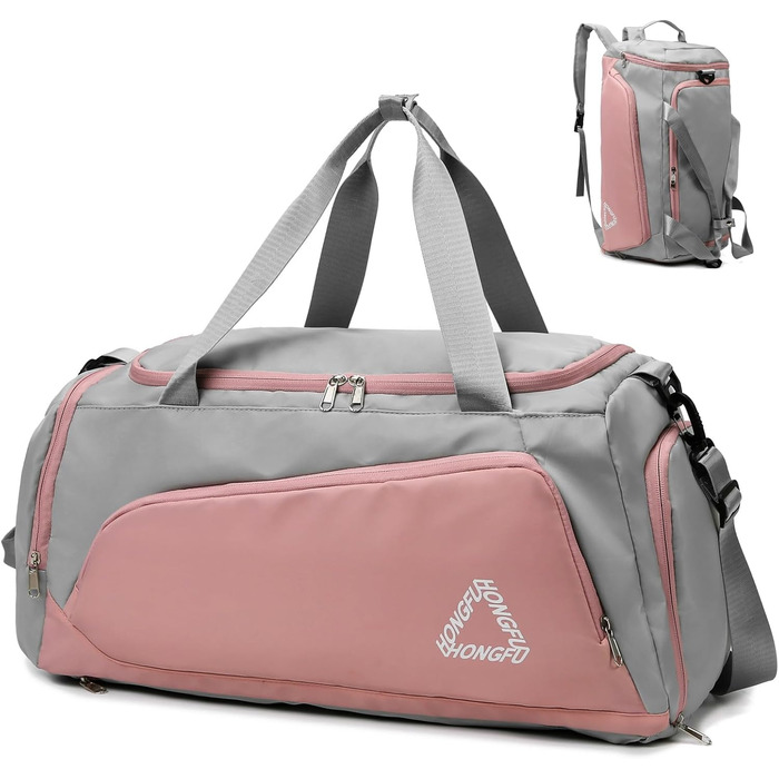 Спортивна сумка для жінок 45L з відділенням для взуття, мокрою сумкою, водонепроникна, для подорожей, спортзалу, тренувань, басейну. Ідеальна для фітнесу, спорту, подорожей. Кольори: зелений/рожевий (сірий/рожевий)