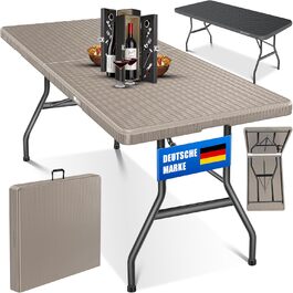 Стол буфет KESSER® розкладний, пластиковий, 183x76 см, ротанг, для кемпінгу, вечірок, саду, тераси, балкону, 6 осіб, з ручкою, коричневий