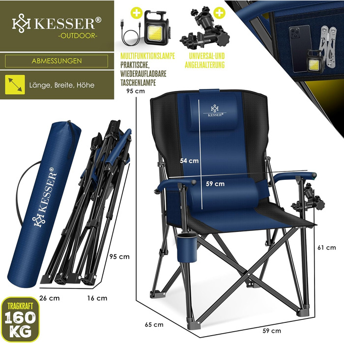 Крісло для кемпінгу KESSER® розкладне, 160 кг | Зручне рибальське крісло з підлокітниками, кишенею для напоїв та світлом | Для відпочинку на природі, пляжі, риболовлі | Navy Blue / Black
