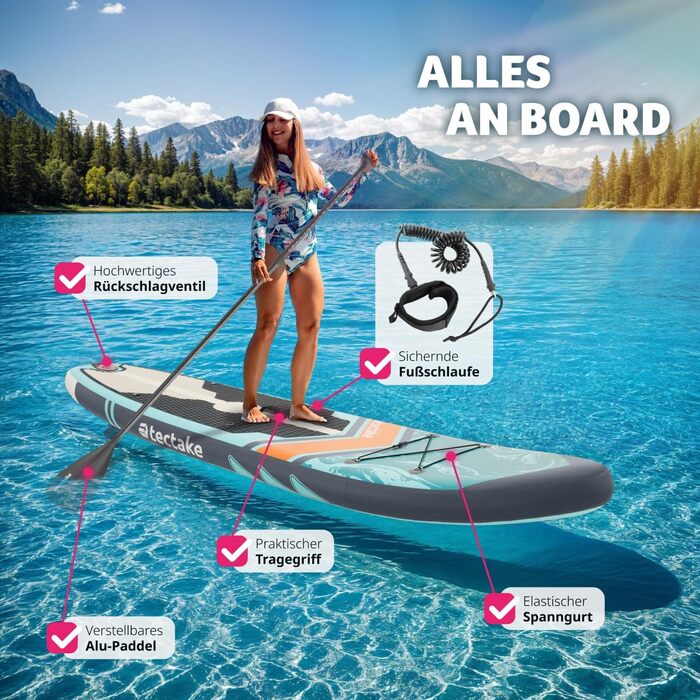 Надувна SUP-дошка tectake® з насосом, сидінням, веслом, фіннами, рюкзаком, до 200 кг, для водного спорту та падлінгу