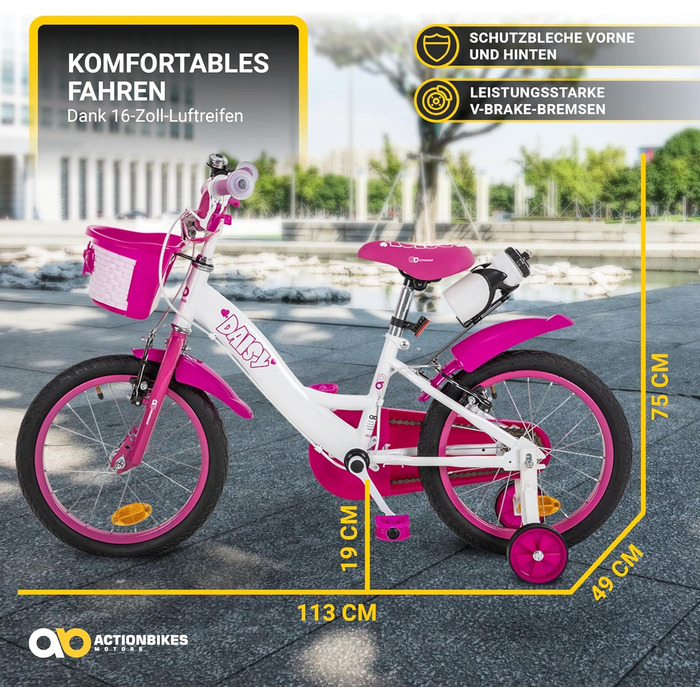Дитяче велосипед Actionbikes Daisy 12/16 дюймів з V-Brake гальмами | Для дітей 2-9 років | З брудозахисниками | Підходить для дівчаток та хлопчиків