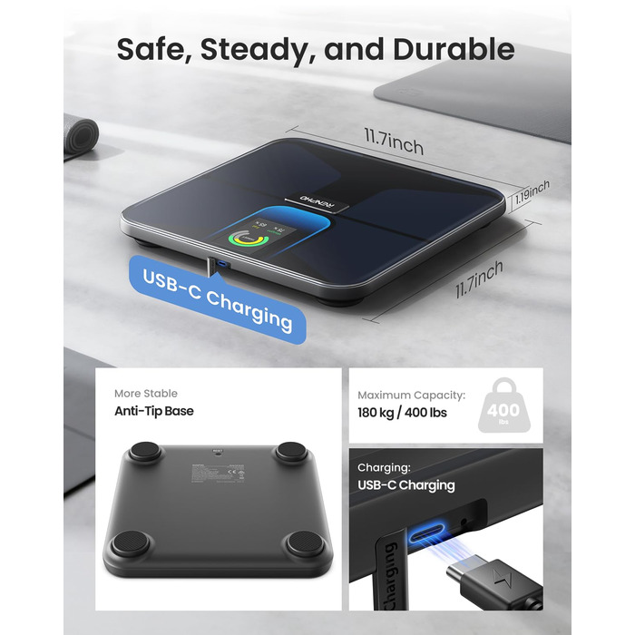 Інтелектуальна вага RENPHO з BMI та аналізом складу тіла: жир, м'язова маса, 18 показників, Wi-Fi, Bluetooth, перезаряджувана, Elis Evo