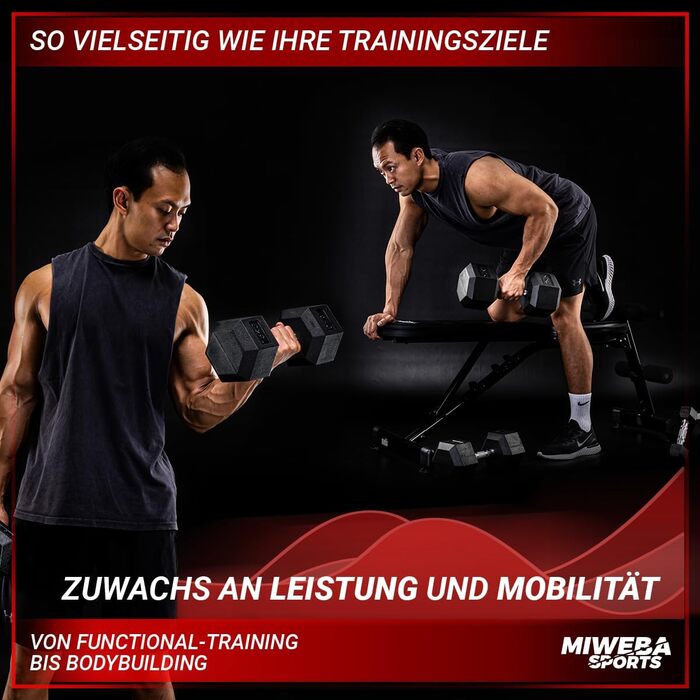 Гантелі шестигранні Miweba Sports HGH100, 2,5-30 кг, пара, гантельний набір, гантелі з литого чавуну, ергономічна ручка, вага 5 кг, професійні короткі гантелі
