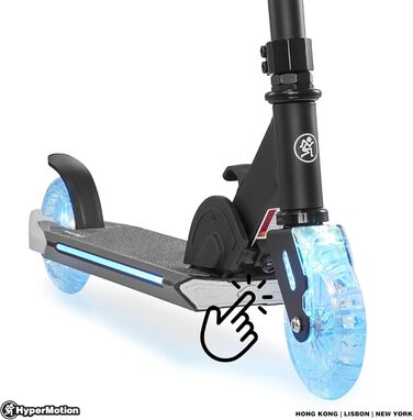 Дитячий самокат HyperMotion Ice Flash для дітей від 5 років, двоколісний, складний, з LED-підсвіткою, чорний/синій, навантаження до 50 кг, гумові колеса 125 мм, регульований кермо, гальмо Flex-Fender