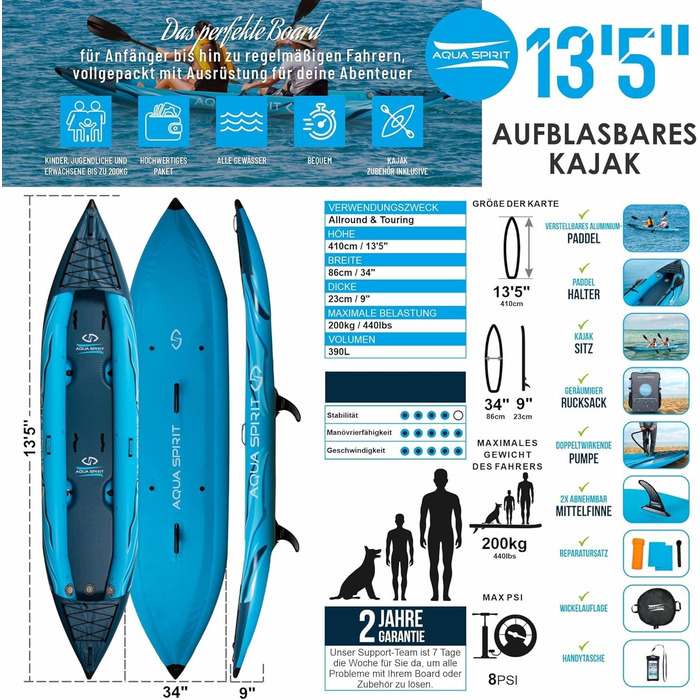 Надувна байдарка Aqua Spirit 3,5 м для 1-2 осіб, комплект із веслом, рюкзаком, насосом та аксесуарами, для дорослих, для початківців і досвідчених