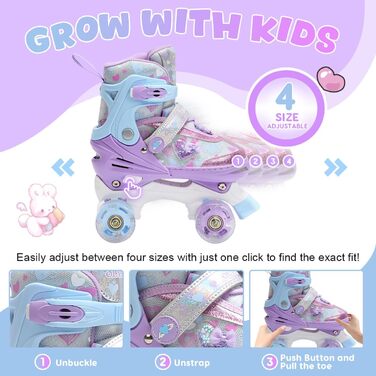 Дитячі ролики для дівчаток з блискучими сердечками та світлодіодними колесами, 4-разове регулювання, ролики для дітей-початківців, ідеальний подарунок на день народження або Різдво, фіолетовий колір