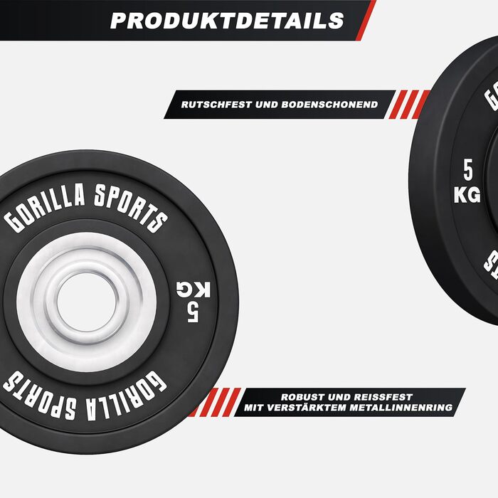 Бамперні диски GORILLA SPORTS 50 мм, 5-25 кг, гумовані, чавун, для штанги, олімпійські гирі