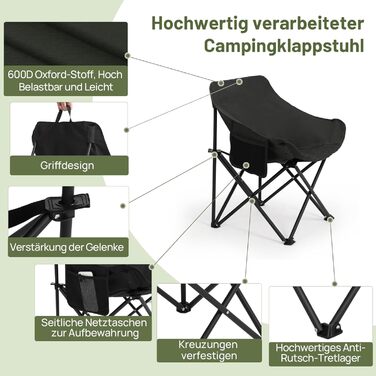Крісло для кемпінгу Hausprofi складне, чорне, з тримачем для напоїв та сумкою, вантажопідйомність 150 кг
