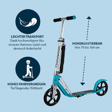 Самокат HUDORA BigWheel 205 з тросовим замком, складаний, регульована висота, з ременем для перенесення, для дітей і дорослих від 6 років, міський, до 100 кг