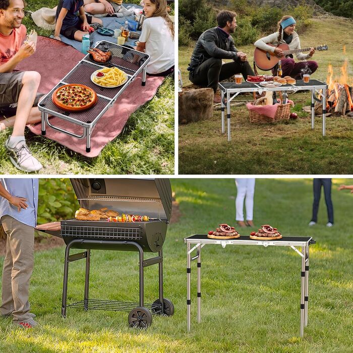 Стіл для кемпінгу Anbte Grilltisch 58x40 см, алюмінієвий каркас, регульована висота (26/48/70 см), складаний, для пікніка, BBQ, саду, балкону (срібний)
