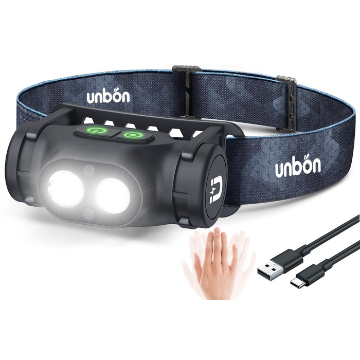 Налобний ліхтар UNBON LED акумуляторний, потужний світлодіодний ліхтар з USB-C, 3 режими освітлення, сенсорним керуванням та магнітом, водонепроникний IPX4 для походів та риболовлі