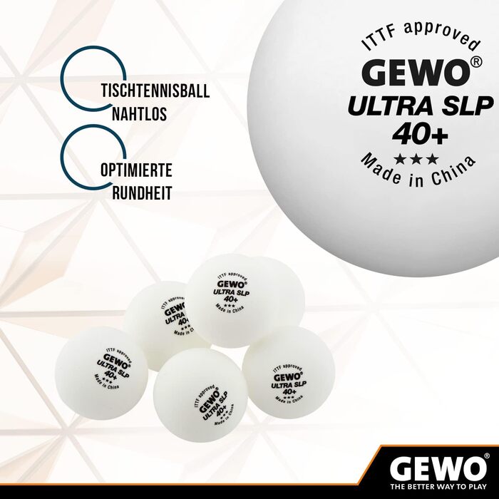 GEWO Ultra SLP 3-зіркові тенісні м’ячі для настільного тенісу, пластикові 40+ мм, безшовні, ITTF сертифікат, професійні, білі, 72 шт.