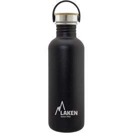 Laken Basic пляшка для води з нержавіючої сталі 1 л, чорна, широка горловина, кришка з бамбука, BPA Free