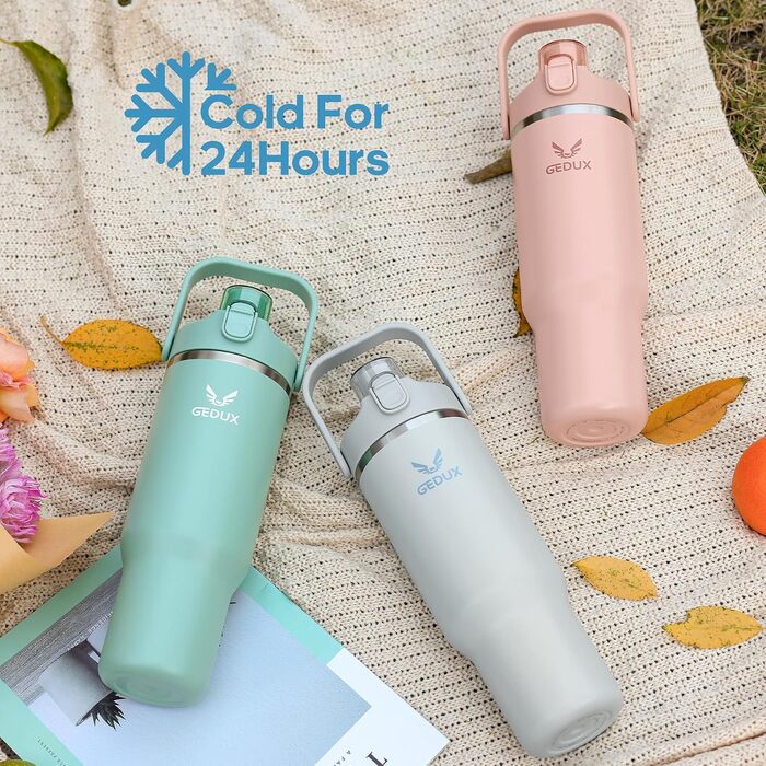 Спортивна термобутилка GEDUX IceFlow Flip Straw 1 л із трубочкою, зберігає холод понад 12 годин, герметична, BPA Free, для води, червоно-чорна, підходить для посудомийки