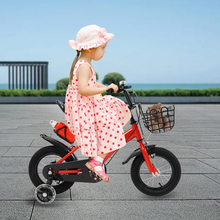 Дитяче велосипед 12 дюймів, для дітей 2-5 років з бічними колесами, тренувальний велосипед з пляшкою та кошиком, велосипед для дівчаток та хлопчиків, регульована висота, червоний