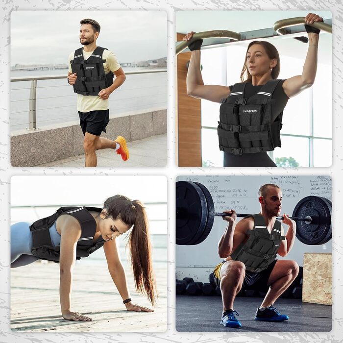 Вага для тренувань Leogreen 10/20 кг, регульована, з 20 знімними вагами, світловідбиваючими смугами, для жінок та чоловіків, біг, силове тренування, чорна