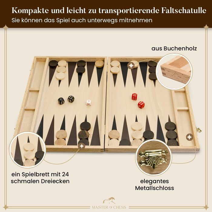 Настільна гра Нарди з дерева, преміум, Master of Chess, інкрустація махагон, 38x50 см, комплект фішок для дітей та дорослих, XL, коричневі