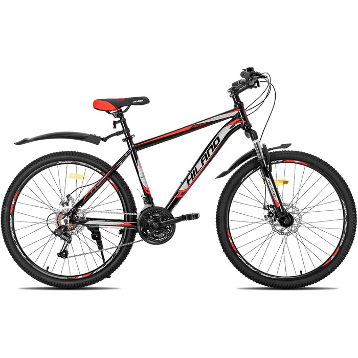 Гірський велосипед Hiland MTB 26/27,5 дюймів з алюмінієвою рамою, дисковими гальмами, спицевими колесами, для підлітків і дорослих, чорний/білий/червоний