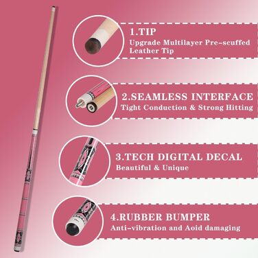 Більярдний кий для пулу Billiards Short Pool Cue Stick, 48 дюймів, для початківців, з канадського клену, 18 oz (рожевий)