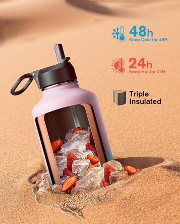 Термос-бутилка Coolflask 2 л з трубочкою та 3 кришками, нержавіюча сталь, вакуумна ізоляція, для спорту та офісу, колір Bubble Gum