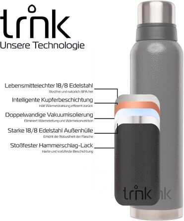 Термос TRNK Outdoor Polar 2, 1600 мл, нержавіюча сталь, BPA-free, з двома чашками, тримає тепло до 40 годин, підходить для посудомийки, колір вулканічний сірий