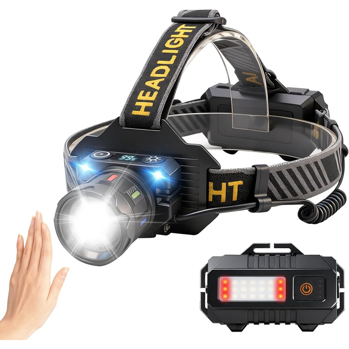 Ліхтар на голову BORUIT T701A LED з регулюванням фокусу, датчиком руху, 9 режимів, кут нахилу 90°, водонепроникний IPX4, для кемпінгу, роботи, риболовлі