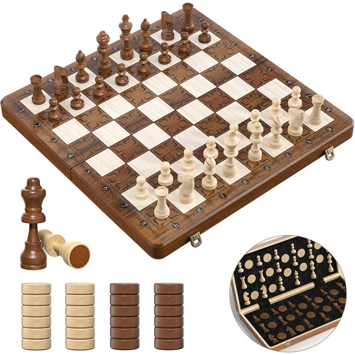 Магнітна шахова дошка 2в1 Paom 40.5x40.5 см: дерев'яна, складана, з фігурами для дорослих та дітей